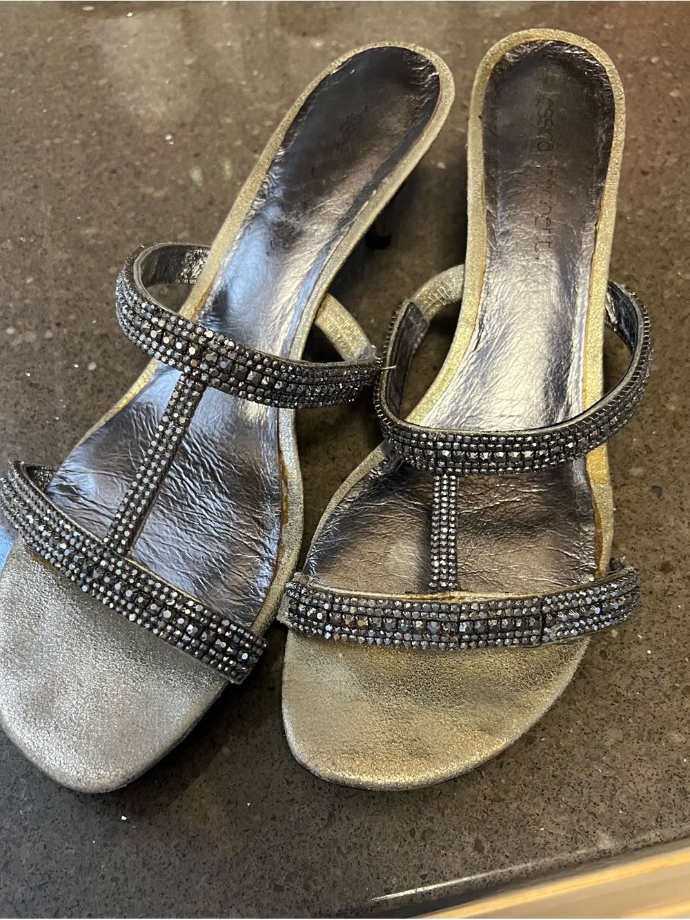 Embellished  Metallic Silver Slide Sandals size 13M, 2 1/2” heel